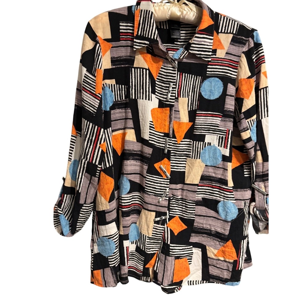 Ali Miles Womens Abstract Geometric Toggle Button Tunic Y2k Back Zip Or/Blue M